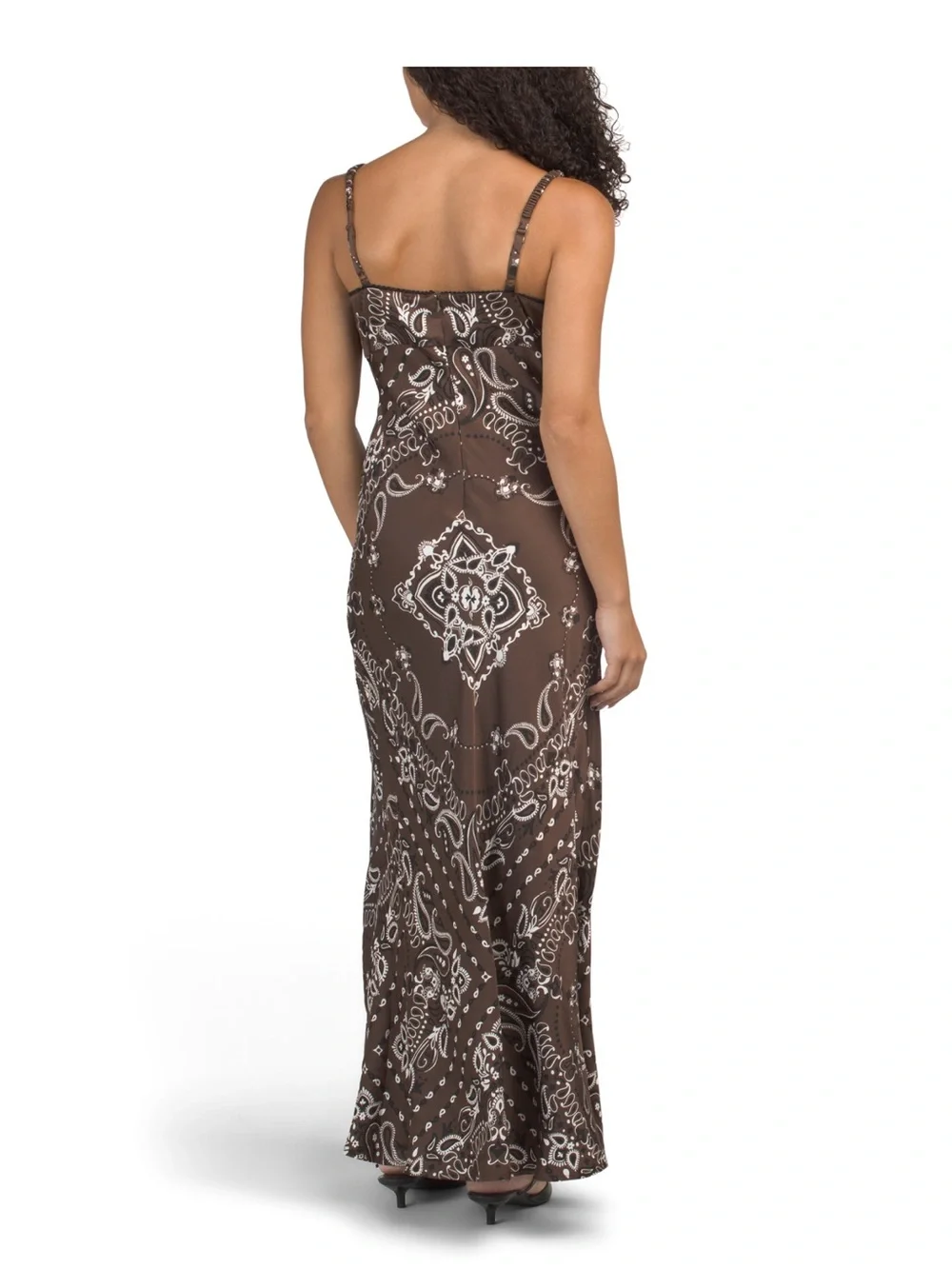๐ Camila Coelho Bandana Brown Paisley Slip Maxi Dress with Cream Accents - Picture 3 of 4